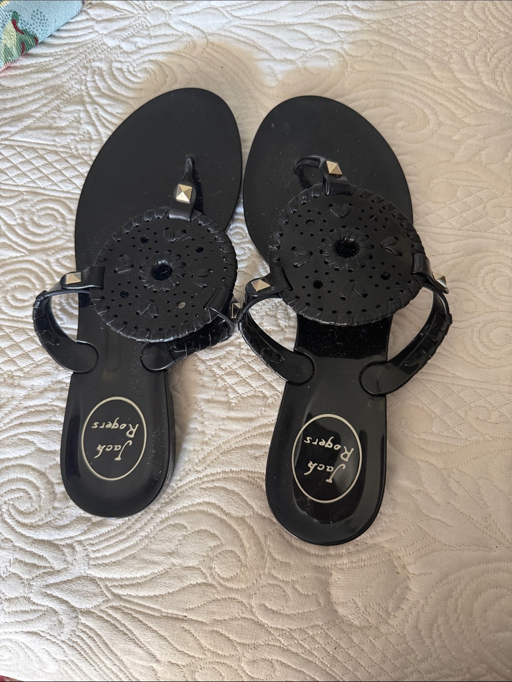Jack Rogers Black Patent Leather Thong Sandals with Stud Accents